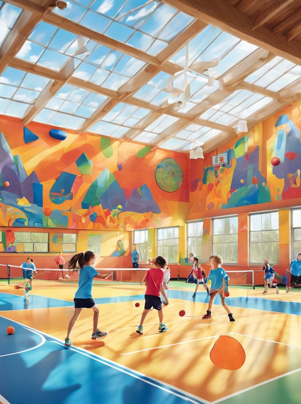 Indoor sports facility with colorful mural