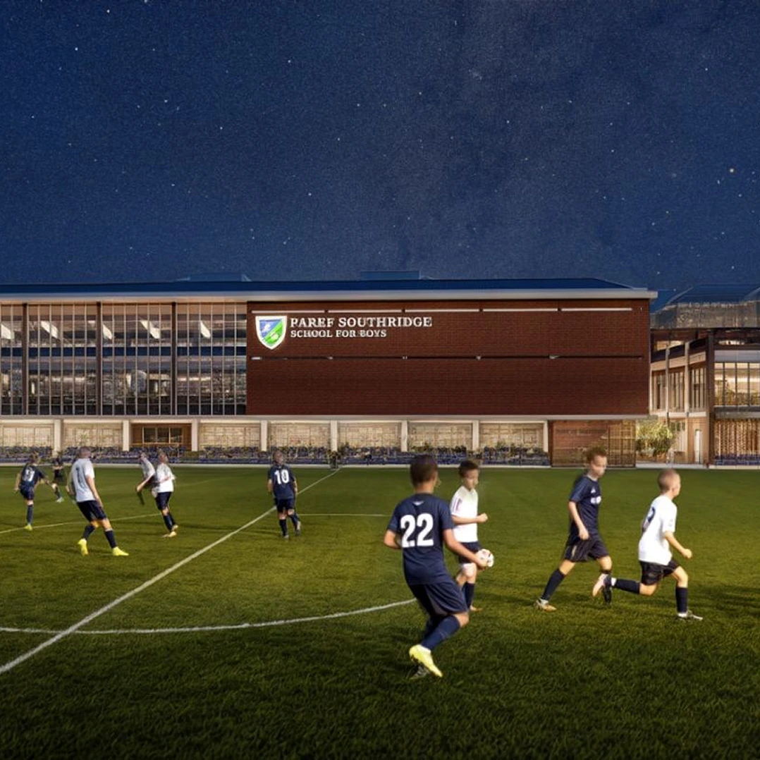 Indoor sports court with climbing walls